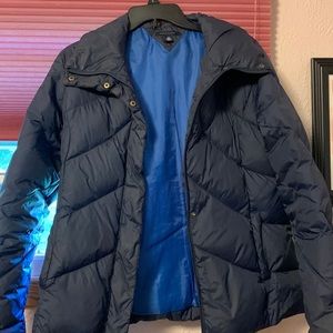 Tommy Hilfiger Coat, Navy Blue, Size medium, has zipper plus buttons.
